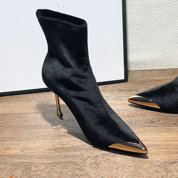 Xajzpa New Style Women's Concise Black Women Ankle Boots Pointed Toe Design Metal Decoration High Stiletto Heels Shoes Zapatos Mujer
